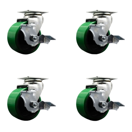 SERVICE CASTER 4 Inch Green Poly on Cast Iron Swivel Caster Set with Ball Bearings and Brakes SCC-20S420-PUB-GB-TLB-4